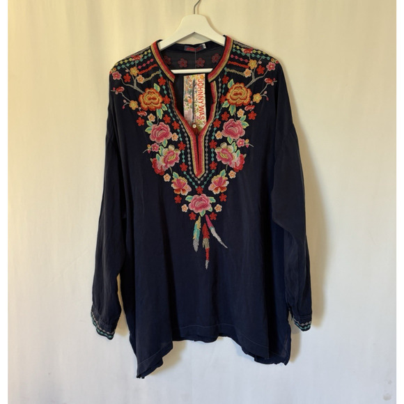Johnny Was Tops - Johnny Was Tunic Blouse Top Medium Blue Vneck Flowy Relaxed Embroidered Long